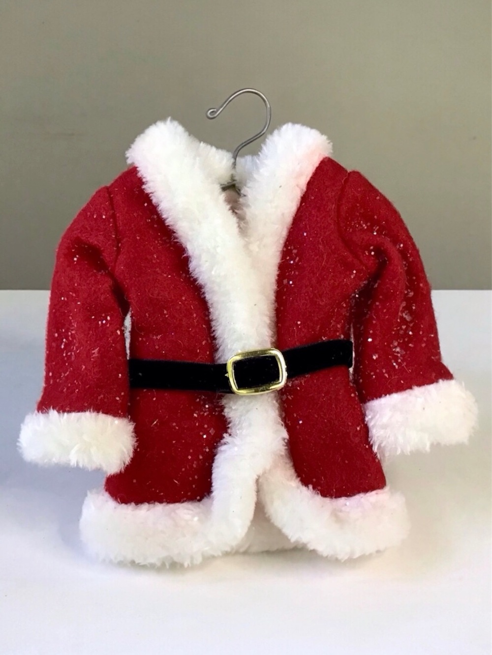 Santa Coat On Hanger Christmas Ornament Glitter Red Jacket Faux Fur Black Belt